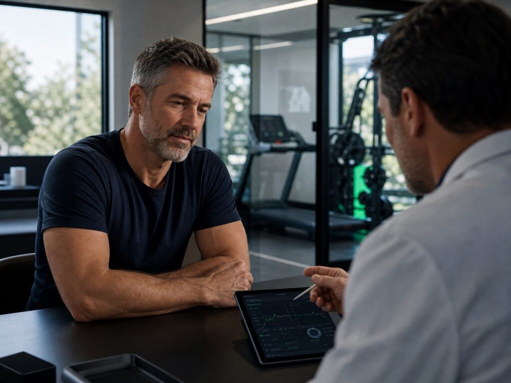 Fit middle-aged man after testosterone replacement therapy at a Westlake Village men's health clinic