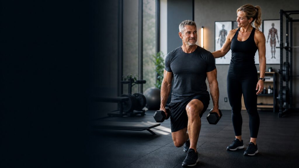 Optimized middle-aged man training with his partner after TRT at Hybrid Biology
