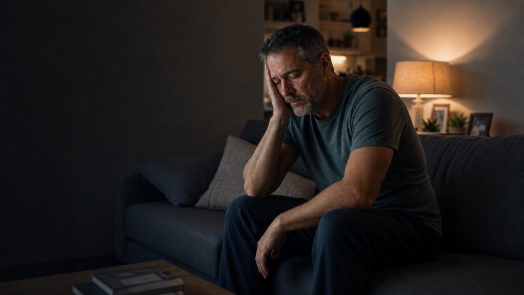 Tired out-of-shape middle-aged man alone at home